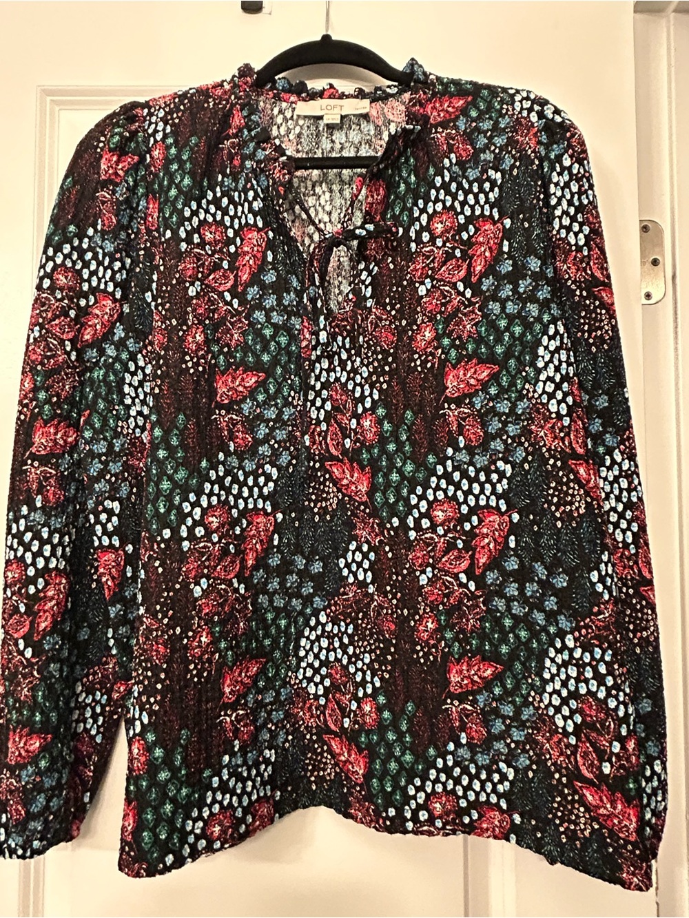 LOFT Black Floral Tie-Neck Long Sleeve Blouse with Red & Blue Accents